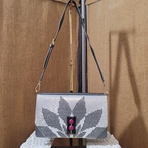 Furla Grey Leather Shoulder Handbag Sequin Front Design Removable Shoulder Strap